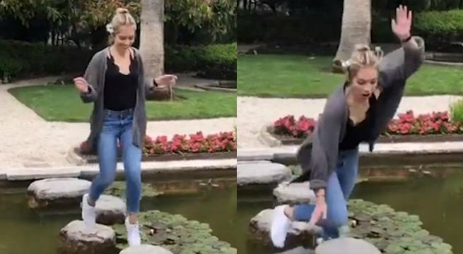 Mujer cruza arroyo de forma divertida pero termina tropezando y se vuelve furor en Internet [Video]