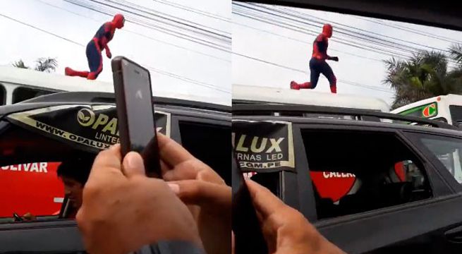 Aparece hombre disfrazado de Spiderman saltando sobre buses de Lima