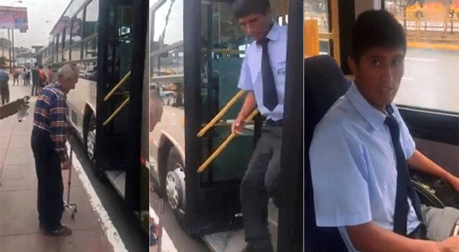 Chofer se baja de bus para ayudar a subir a adulto mayor (Video)