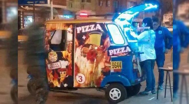 Mototaxi es acondicionada como pizzería al paso y causa furor