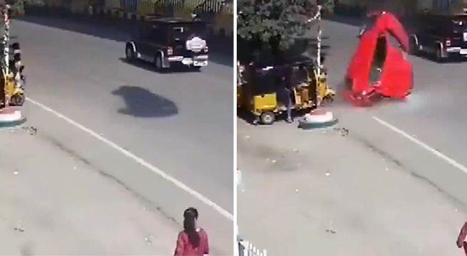 El preciso momento en el que un auto vuela desde un puente y cae en medio de la calle [VIDEO]