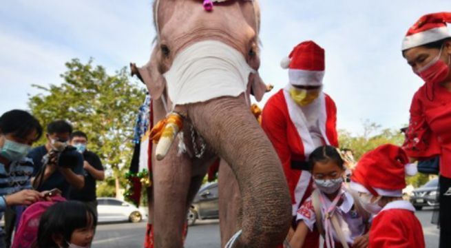 Papá Noel viaja en elefante a un pueblo de Tailandia y regala mascarillas