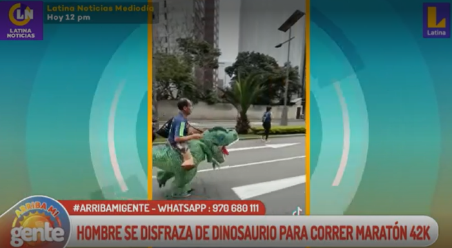 Hombre se disfraza de dinosaurio para correr maratón 42k
