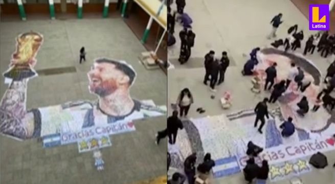 La fiebre Messi continúa: Escolares homenajearon al campeón con mural hecho de 90 mil tapas de botellas 